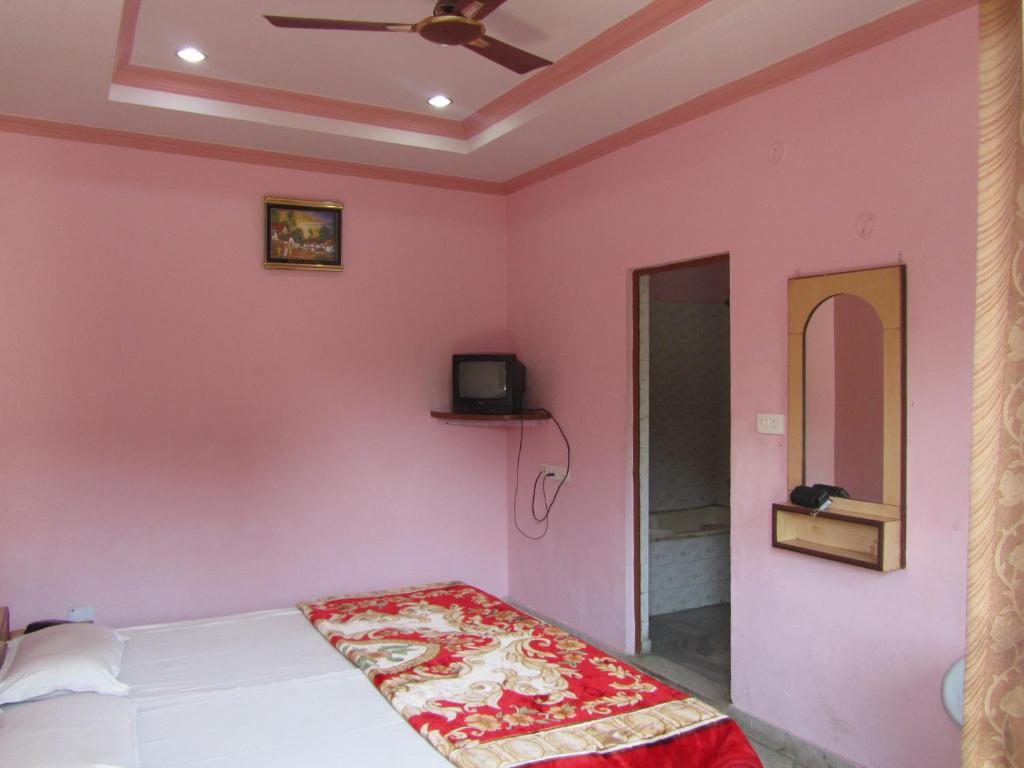 a bedroom with pink walls and a bed at Hotel Sagar in Agra