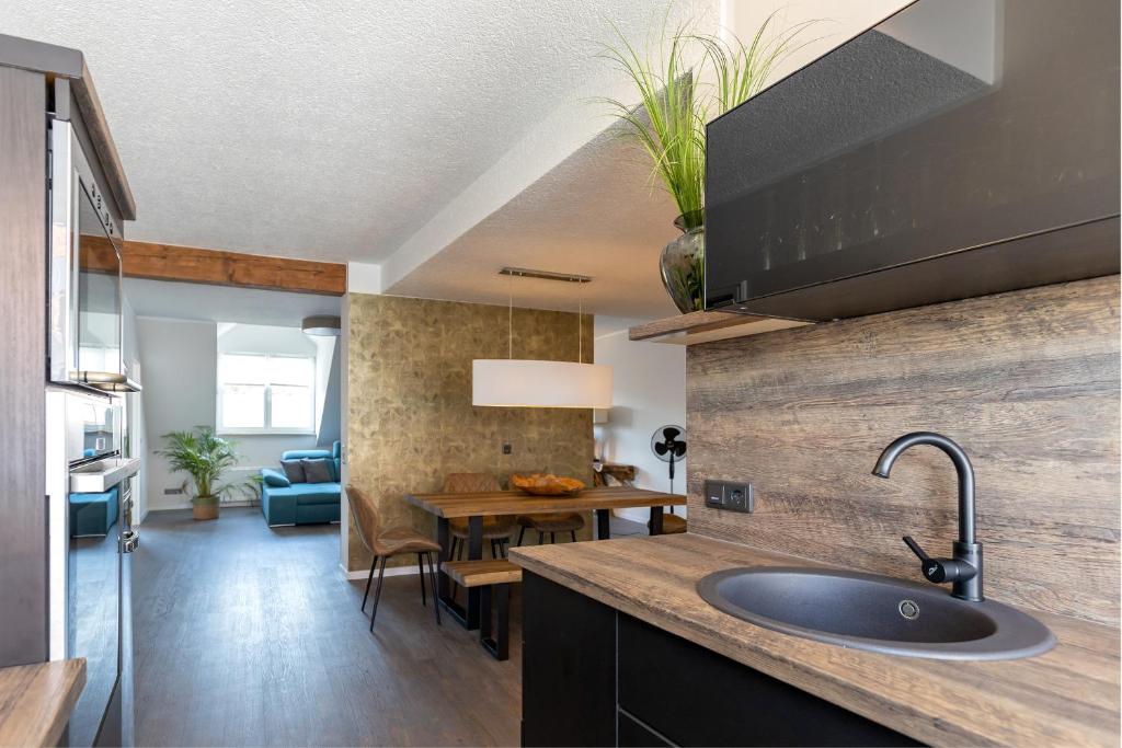 a kitchen with a sink and a dining room at Hotel Garni " Am Domplatz" in Erfurt