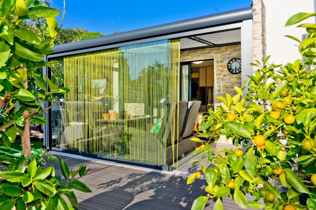 a glass extension of a house with an orange tree at Appartement Villa Quietude in Bagnols-en-Forêt