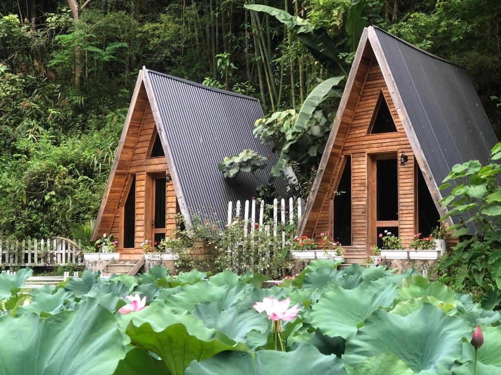 a small cabin in a garden with lilies at Homestay Điện Biên- Thung Lũng Hoa Hồng in Diện Biên Phủ
