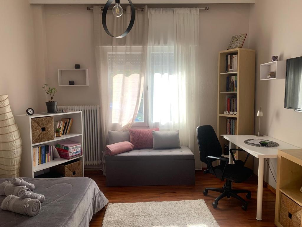 1 dormitorio con cama, escritorio y ventana en Petra's house, en Florina