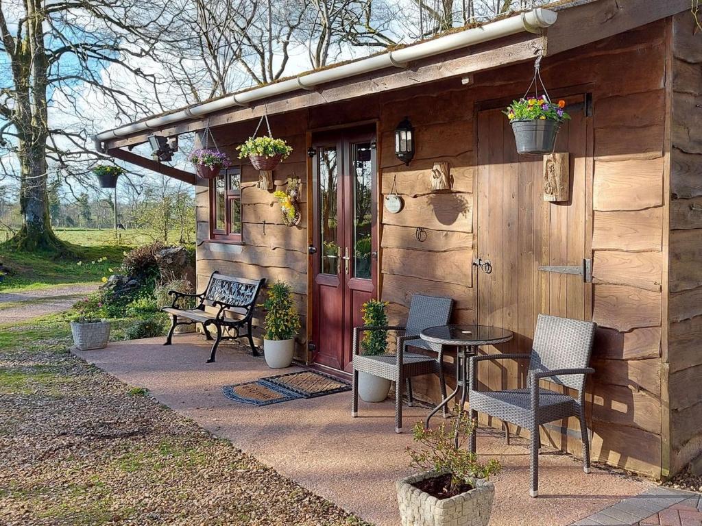 a cabin with a table and chairs and a door at Hooked Rise Holiday Lodge in Dunkeswell
