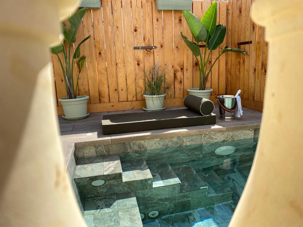 una piscina con piante in vaso di fronte a una parete di legno di Casa Maria Tereza a Cospicua