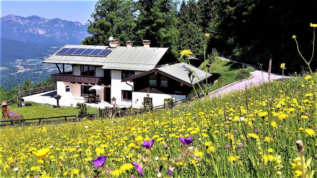 a house on a hill with a field of flowers at 3 Bergpanorama und atenberaubende alpine Almlandschaft -Nichtraucherdomizil in Schönau am Königssee