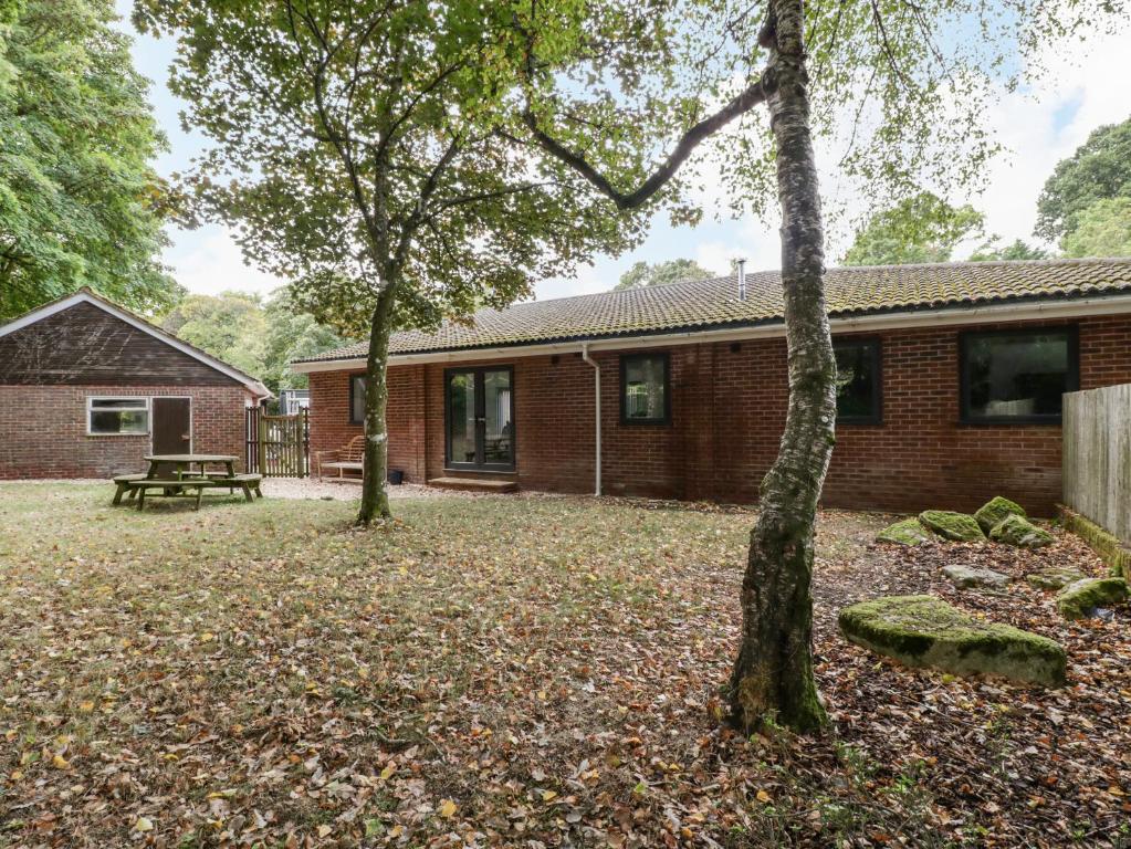 a brick house with a patio and two trees at The Cottage in Wimborne Minster