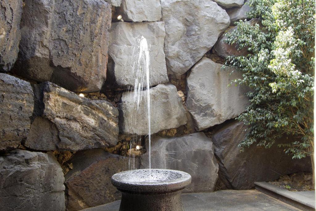 a water fountain in front of a stone wall at Villa Remedios in Teguise