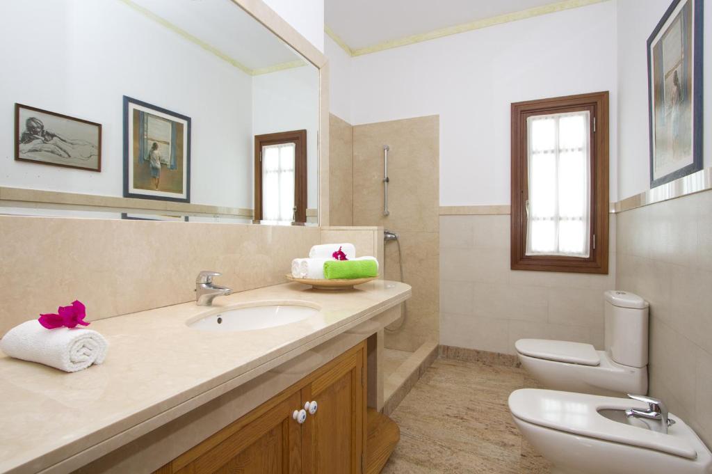 a bathroom with a sink and a toilet and a mirror at Villa Remedios in Teguise