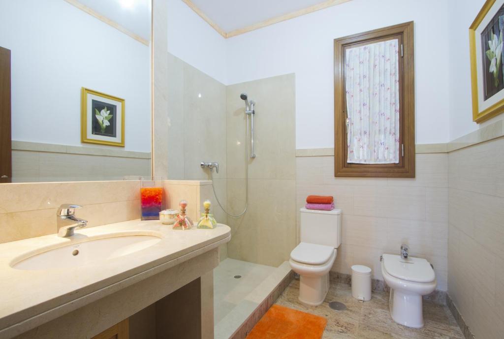 a bathroom with a sink and a toilet and a shower at Villa Remedios in Teguise