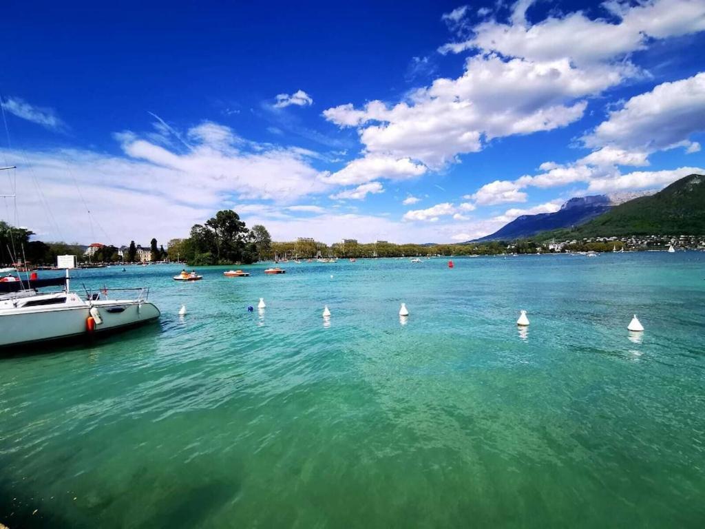 un groupe de voiliers dans l'eau avec un bateau dans l'établissement Beau T1 Spacieux, Proche Centre et lac, à Annecy