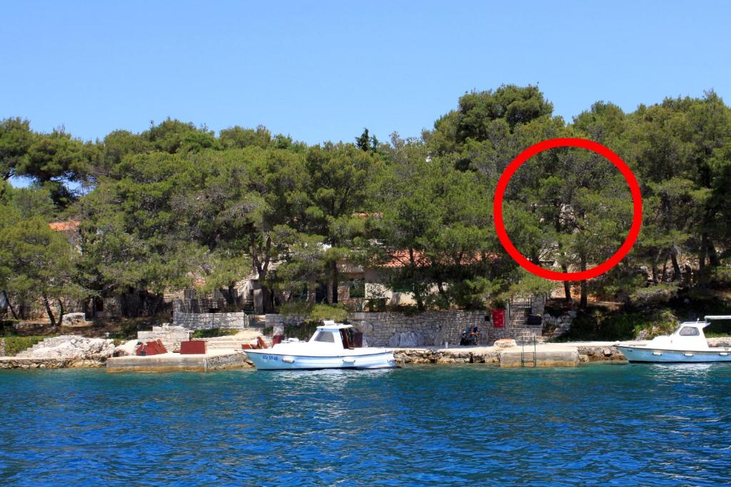 twee boten in het water met een rode cirkel bij Secluded fisherman's cottage Lavdara, Dugi otok - 8155 in Sali