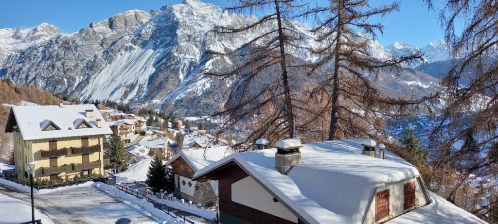 a snow covered roof with a mountain in the background at Stelviostay Residence Stelvio in Valdisotto