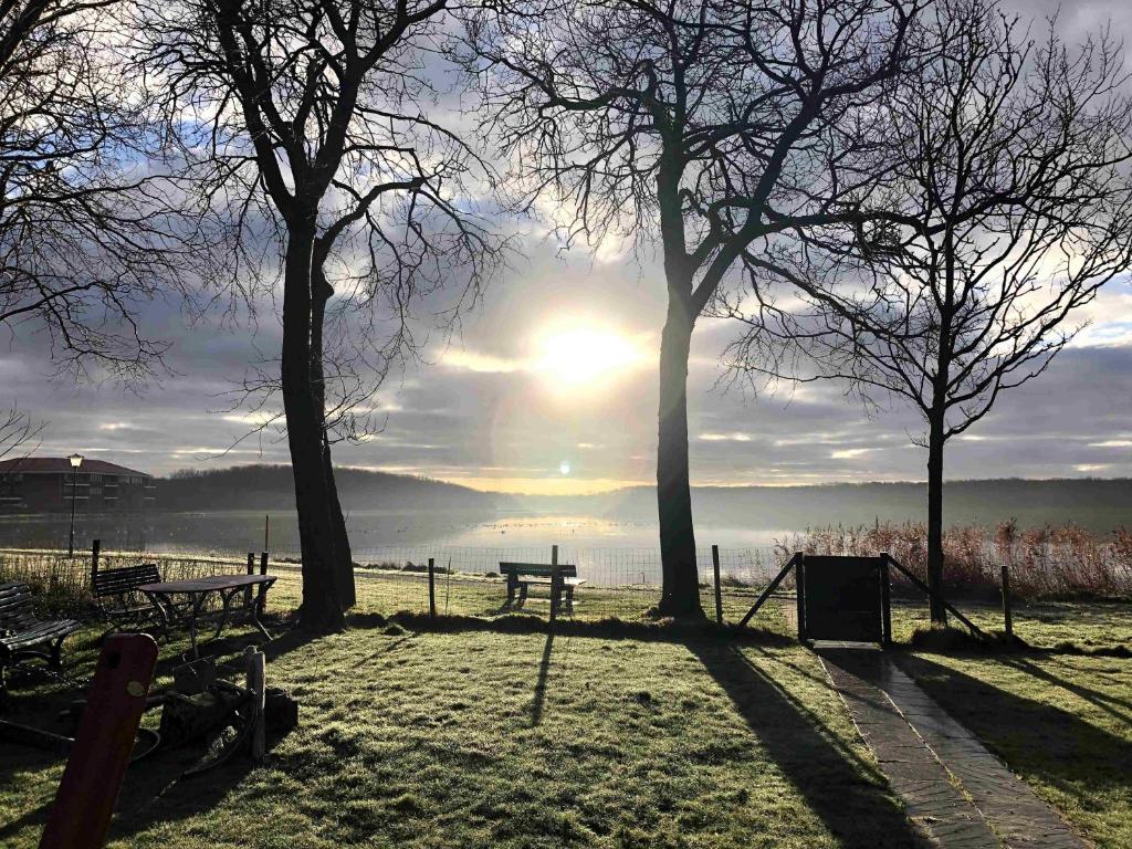 a park with benches and trees in front of the water at Westkapelle comfortabele Strandkamer aan de Kreek in Westkapelle