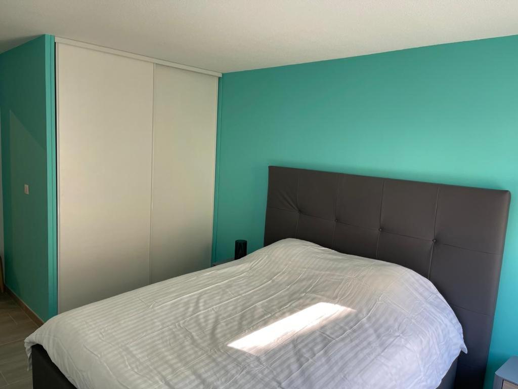 - une chambre dotée d&#39;un lit avec un mur bleu dans l&#39;établissement Charmant T3: en plein coeur de Montargis, à Montargis
