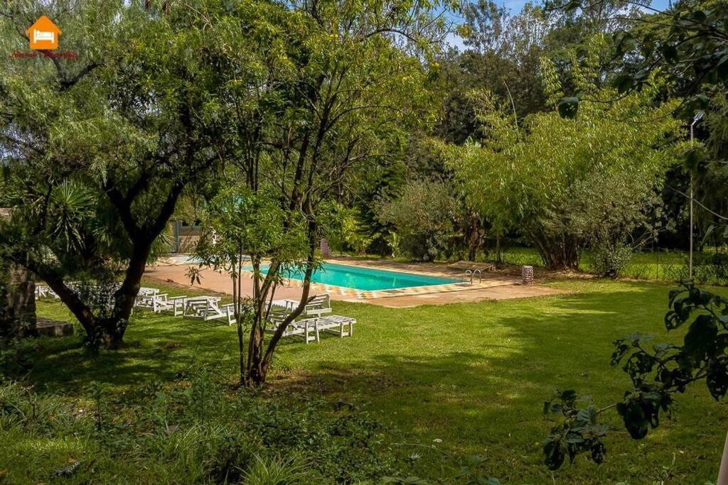 a swimming pool with white lounge chairs in a park at Abby Studio Apartment with Swimming Pool in Nanyuki