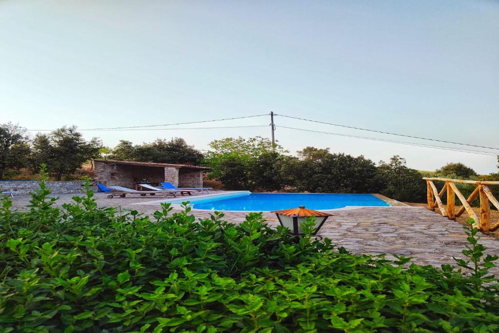 um quintal com uma piscina e um guarda-sol em Chalet In Enchanted Forest Private Pool - Happy Rentals em Baschi