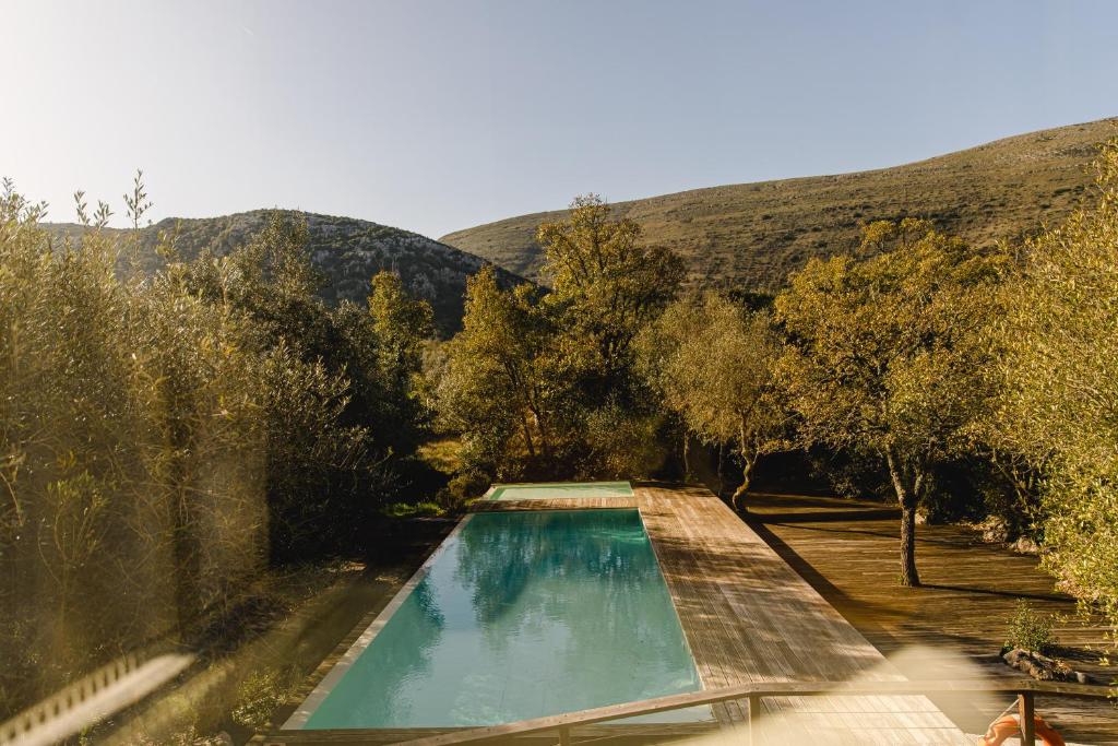 an empty swimming pool with trees and mountains in the background at Cooking and Nature - Emotional Hotel in Alvados