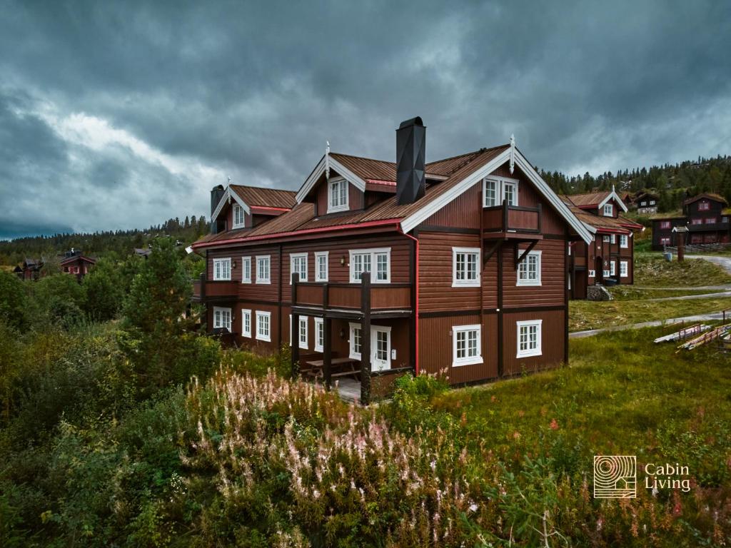 uma grande casa de madeira num campo de relva em Great apartment in Trysil, ski inout, wifi, sauna em Trysil