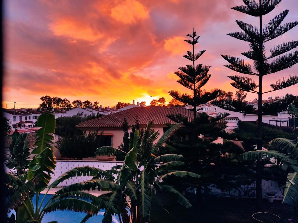 The sunrise or sunset as seen from the country house or nearby