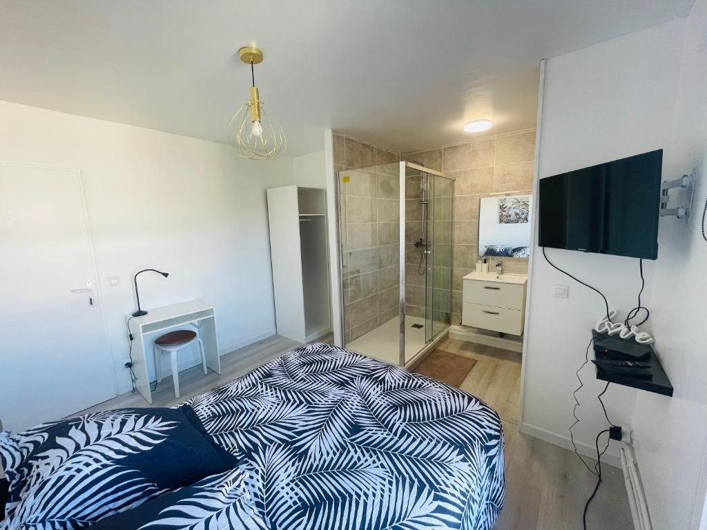 a bedroom with a bed and a shower and a television at Appartement Charmant Cocon Plus in Croix