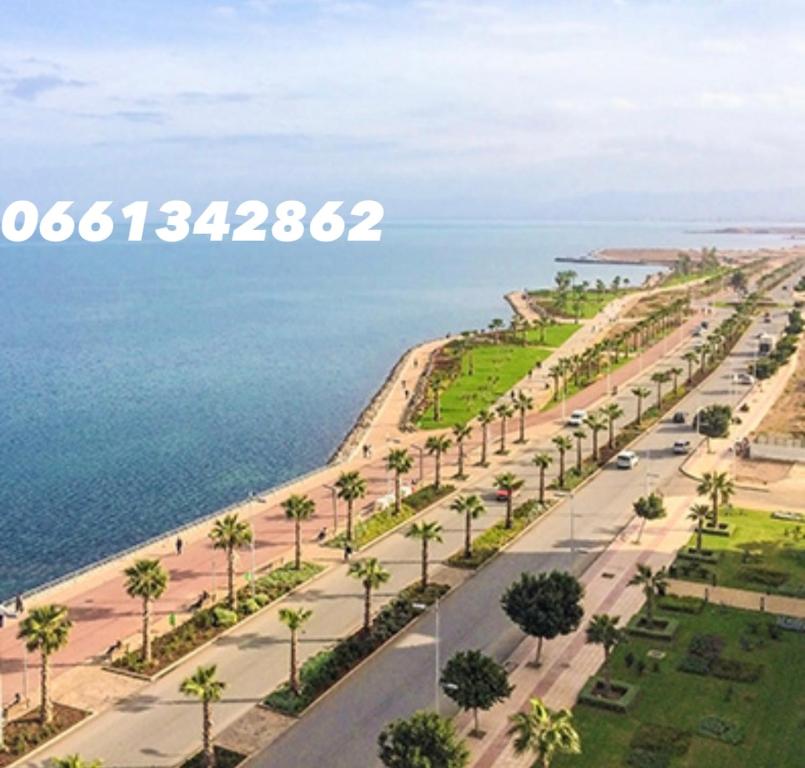 an aerial view of a street with palm trees and the ocean at Nice Apartement au cornich de nador in Nador