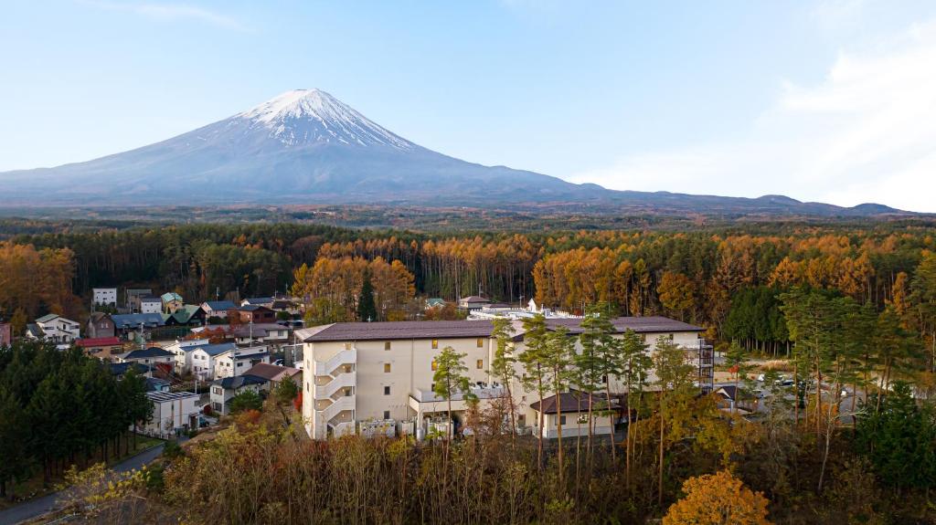 a mountain in the distance with a town and a city at The Gran Resort Princess Fujikawaguchiko in Fujikawaguchiko