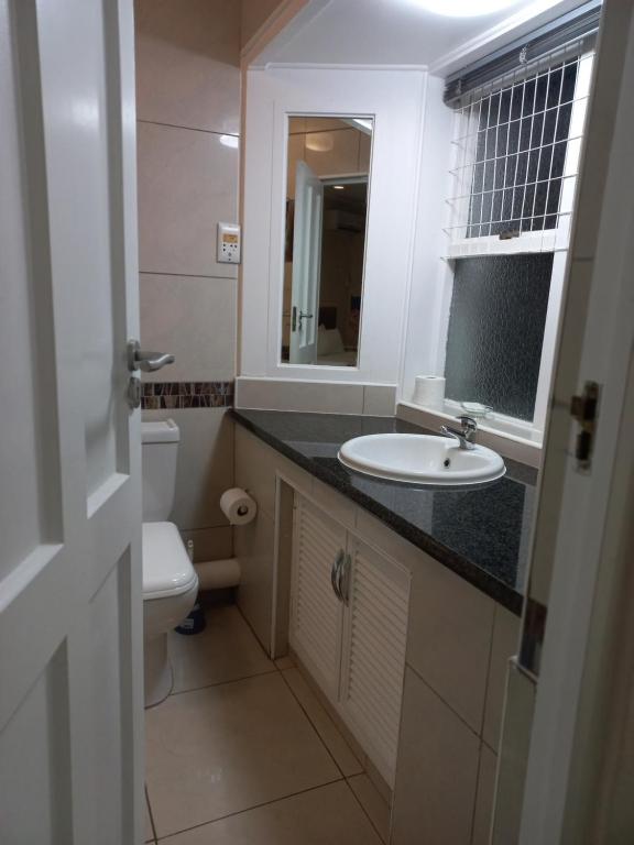 a bathroom with a sink and a toilet and a mirror at Caribbean Estates Private Villas in Port Edward