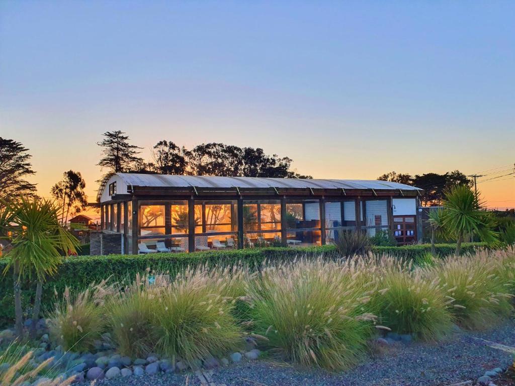 a house with a lot of windows in a garden at Cabañas Lomas de Pinares in Pichilemu