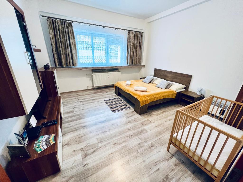 - une chambre avec un lit et une grande fenêtre dans l'établissement Apartmán Pod fontánou, à Kremnica
