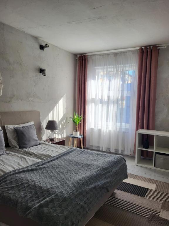 1 dormitorio con cama y ventana grande en Old Town Apartment nr 9, en Valga