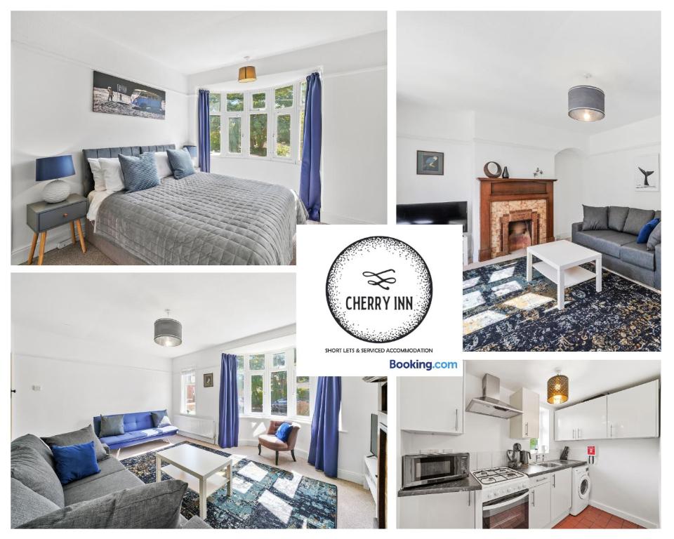 un collage di foto di una camera da letto e di un soggiorno di 3 Bedroom House with Parking & Garden By Cherry Inn Short Lets & Serviced Accommodation Cambridge a Cambridge