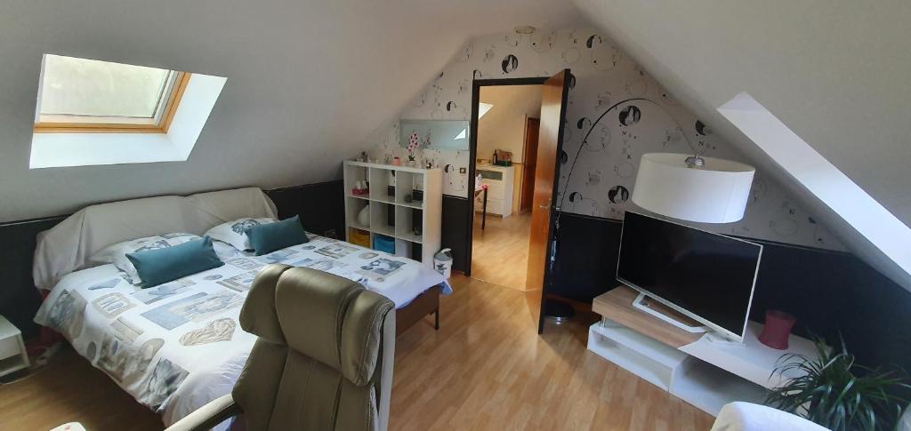 ein Wohnzimmer mit einem Bett und einem TV in der Unterkunft La maison du Roi Vives Eaux in Boissise-le-Roi