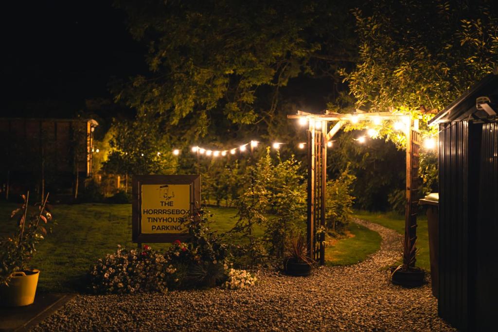 - un jardin de nuit avec un panneau et des lumières dans l'établissement The Horrrsebox Tinyhouse Glamping, à Garadice