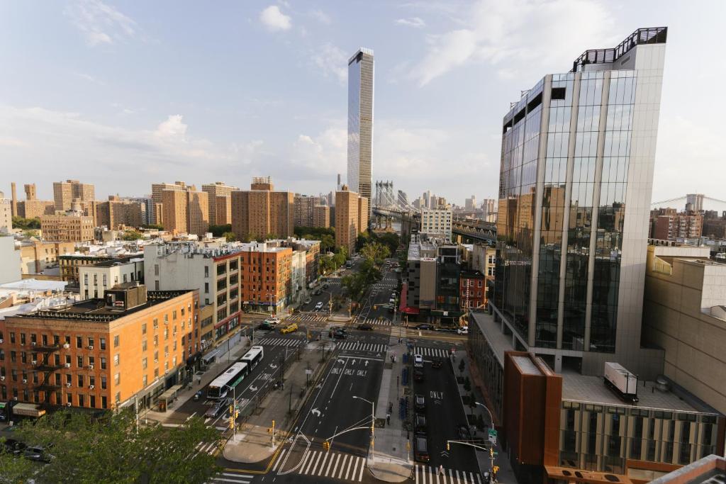 an aerial view of a city with a tall building at Hotel Richland LES in New York