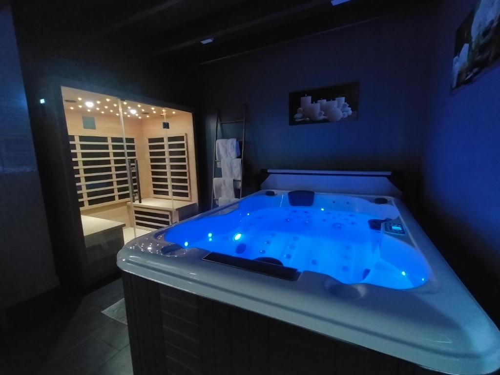 a large blue tub in a bathroom with a mirror at Le domaine des biches in Longueville