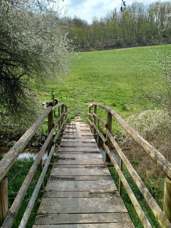 a wooden bridge over a field with a field of grass at Ferienwohnung am Brohlbach in Gamlen
