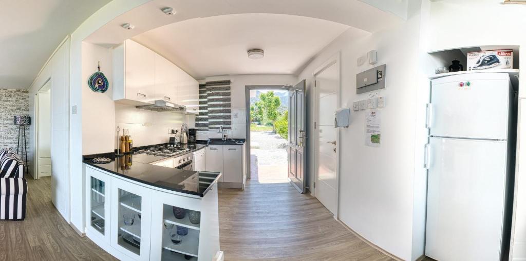 a kitchen with a white refrigerator and a hallway at Joya Cyprus Stargazer Garden Apartment in Saint Amvrosios