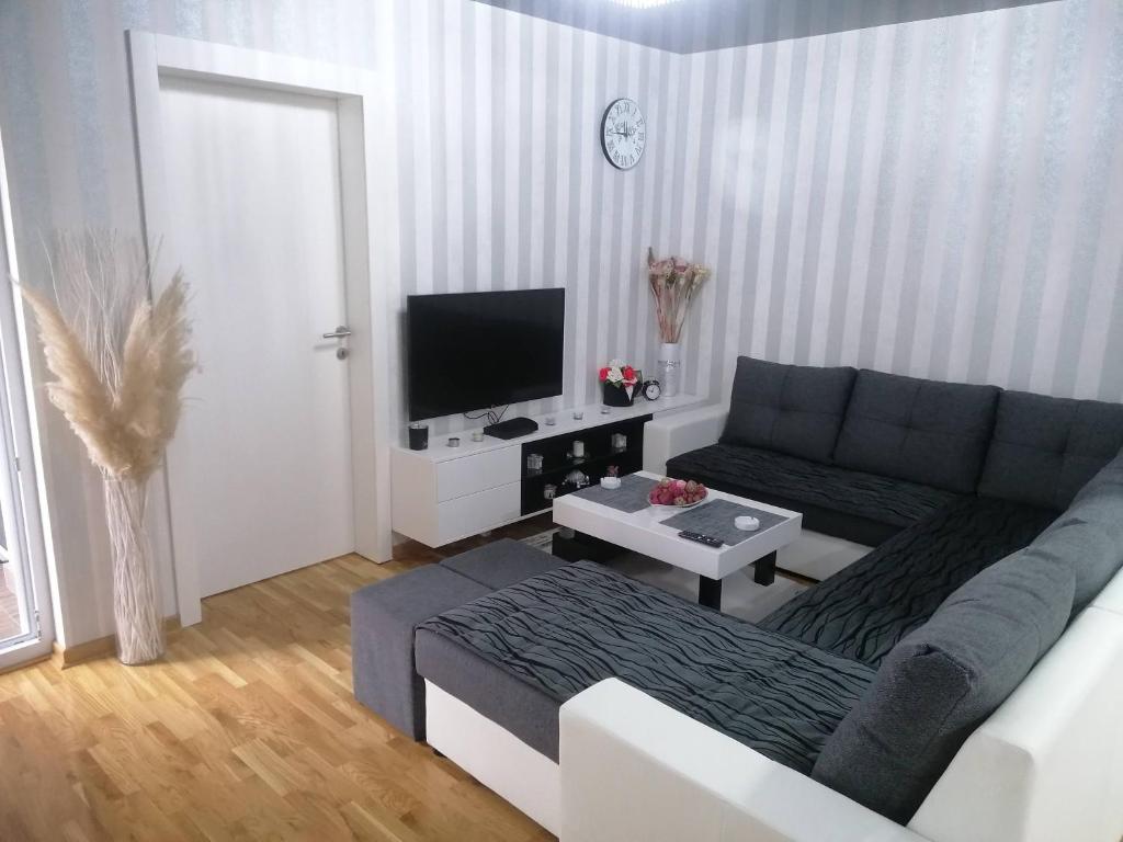 uma sala de estar com um sofá e uma televisão em Nenadovic Apartman em Obrenovac