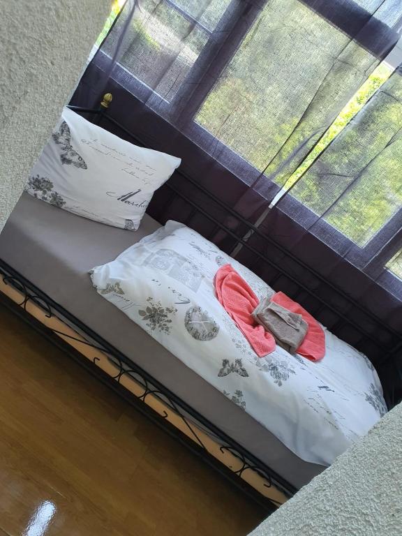 1 cama con 2 almohadas y ventana en Monteurs u. Ferienwohnung en Glauchau