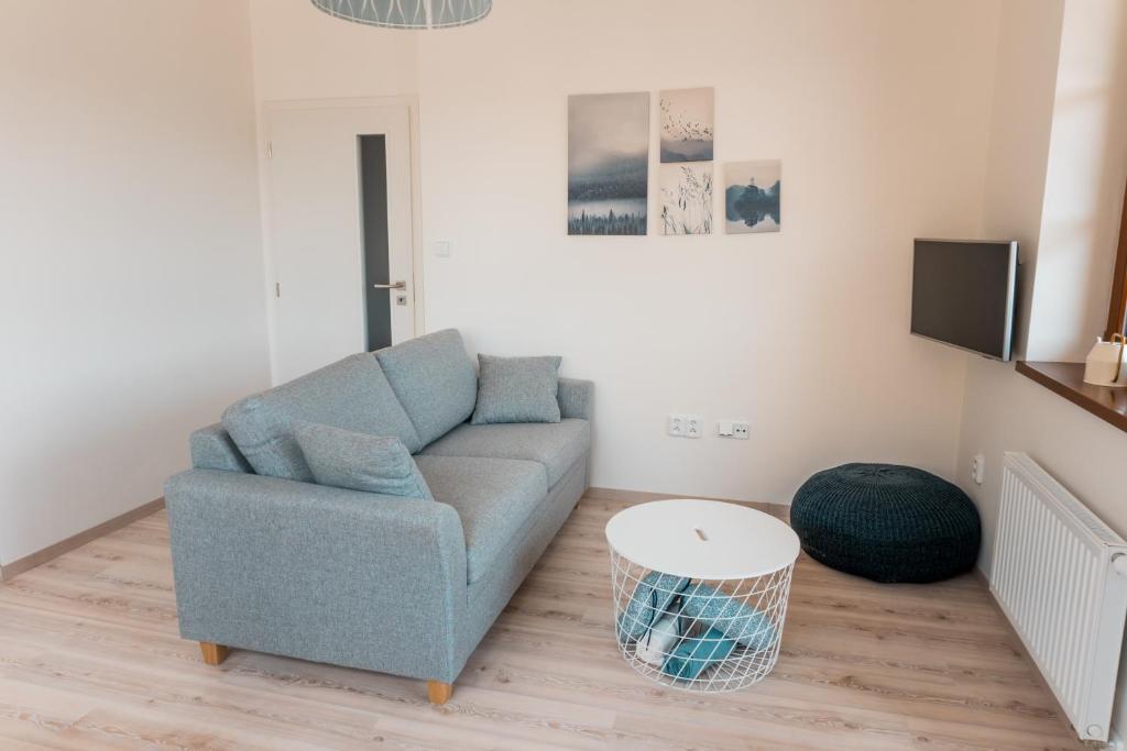 salon z niebieską kanapą i stołem w obiekcie Apartmán Sjezdovka w mieście Kašperské Hory
