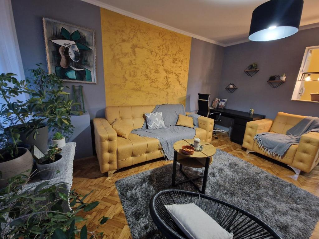 a living room with a couch and a table at Aparmani Djuric in Subotica