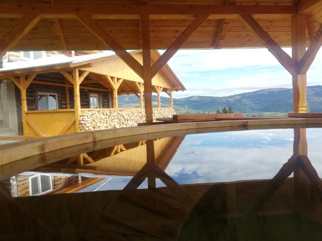a reflection of a house in a pool at Cabana Trif in Arada