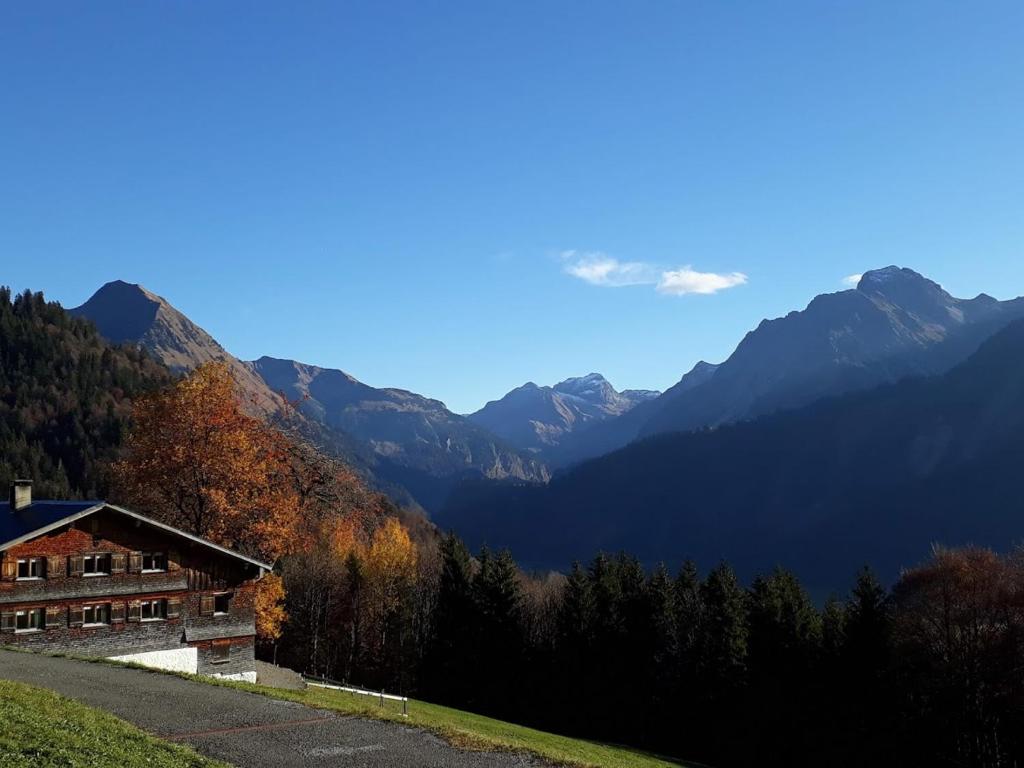 a house on a hill with mountains in the background at Fernblick Frühstückspension in Schoppernau