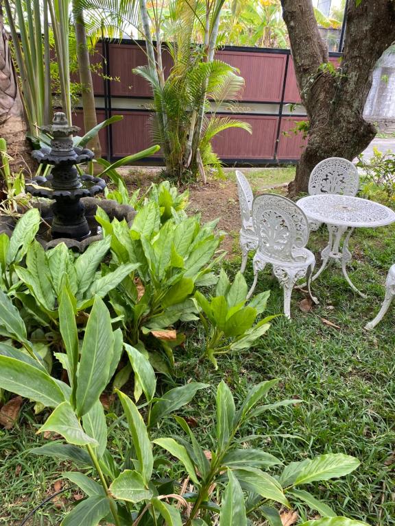 a table and chairs in a garden with a table and chairs at 2 Bedroom Apartment in Pereybere with Private Balcony in Pereybere
