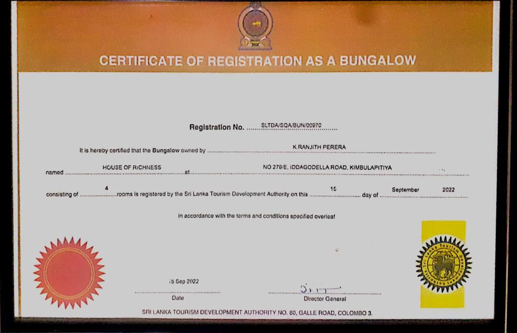 Certifikát, hodnocení, plakát nebo jiný dokument vystavený v ubytování House of Richness
