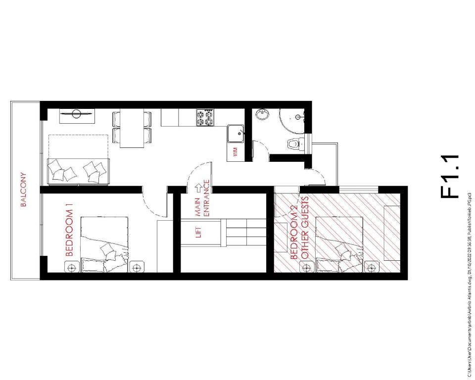 Půdorys ubytování F1 1 Lovely room, bathroom and living shared