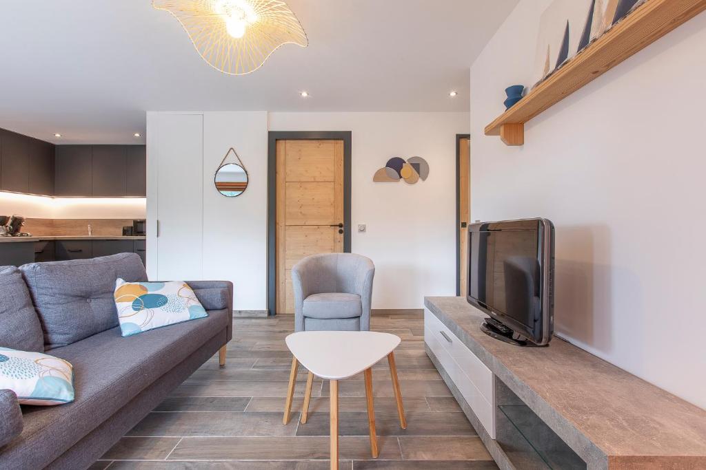 a living room with a couch and a tv at Le Samance 1 in Le Grand-Bornand