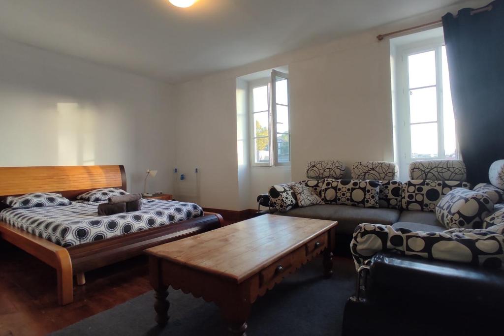 Le Doolie's Biarritz - Boracay في بياريتز: غرفة معيشة مع أريكة وطاولة قهوة