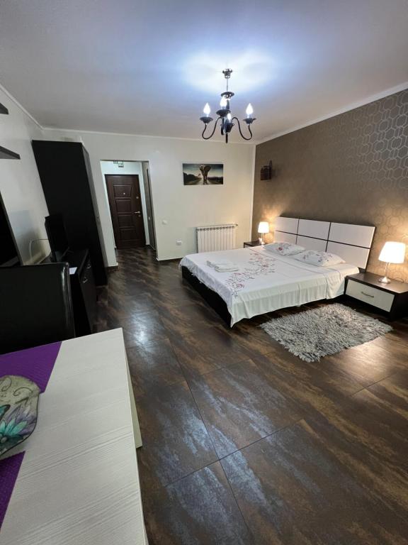 1 dormitorio con 1 cama grande y suelo de madera en Studio Casa, en Galaţi
