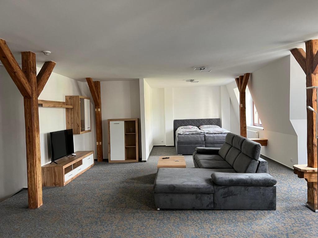 salon z kanapą i łóżkiem w obiekcie Apartman Centrum 402 w Uściu nad Łabą