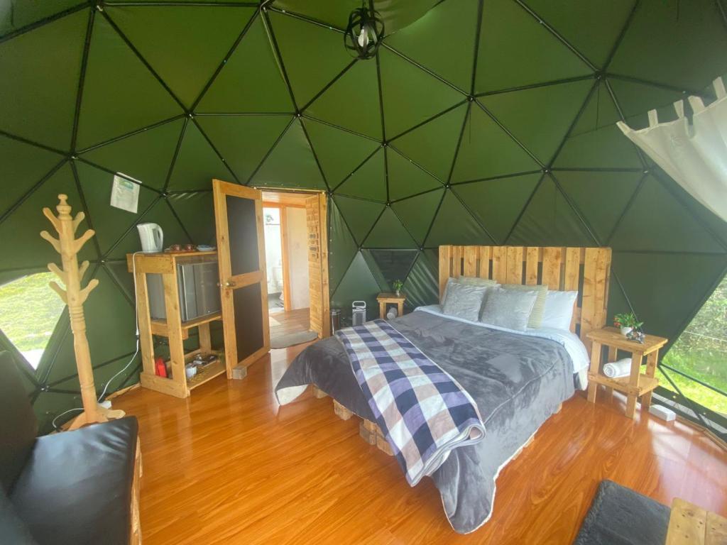 a bedroom with a large bed with a green wall at Glamping El Refugio in Guatavita